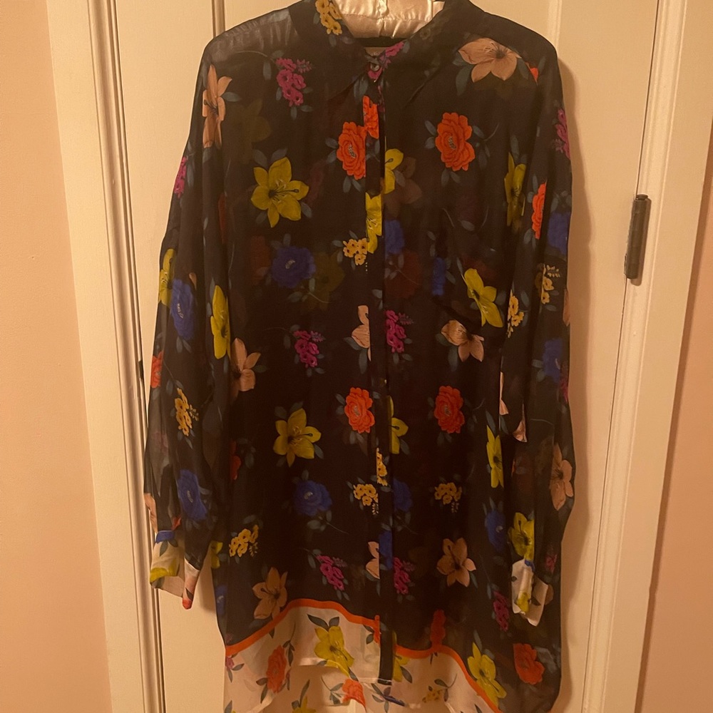 Johnny Was Jade exquisite silk floral button down blouse. Size L. Semi sheer.